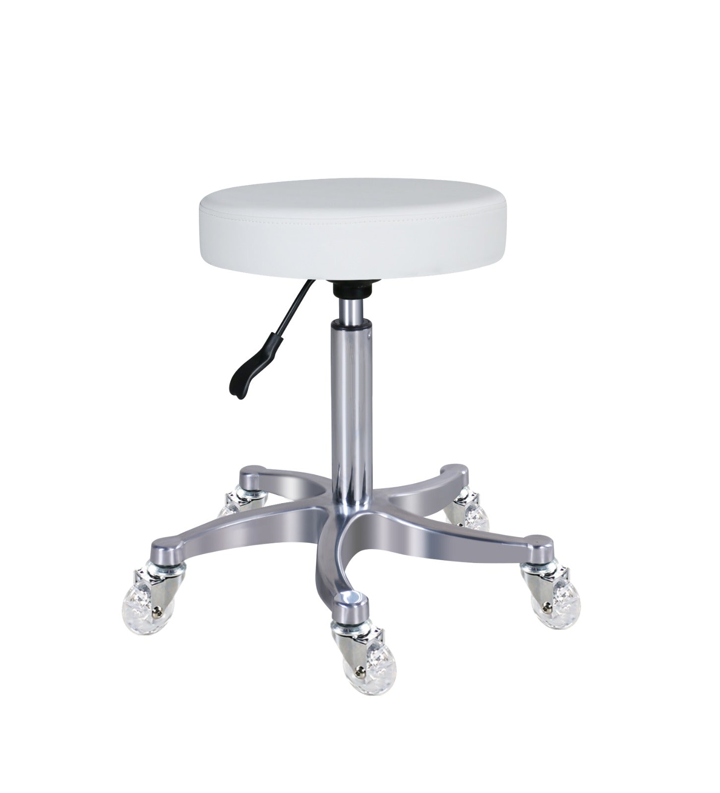 Beauty Plus Flat White Stool no Back - Clear Wheel