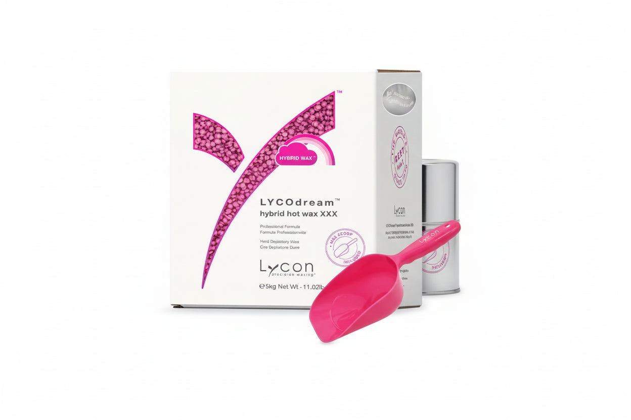 LYCOn hybrid hot wax packaging with pink scoop on a white background